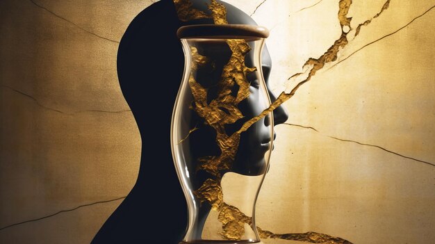 Kintsuki japońska ceramiczna głowa przyklejona złotem Koncepcja nie stałości niedoskonałości świata