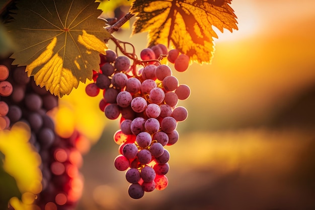 Kiść dojrzałych czerwonych winogron na winorośli pod promieniami zachodzącego słońca