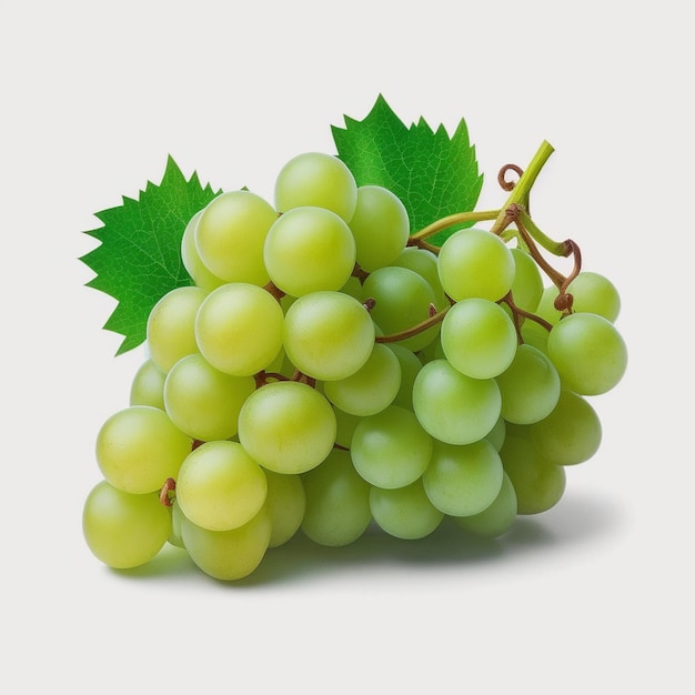 Kiść winogron z zielonymi liśćmi na białym tle
