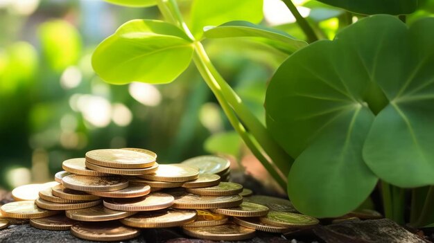 Kładka monet obok rośliny symbolizująca wzrost finansowy wygenerowany przez sztuczną inteligencję