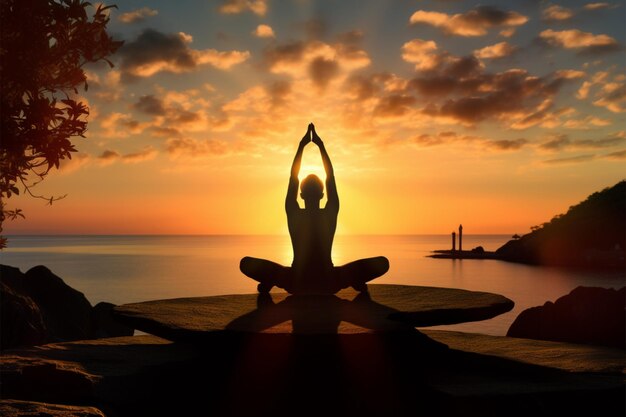 Klasa jogi nad morzem Silhouetted człowiek znajduje relaks przy zachodzie słońca