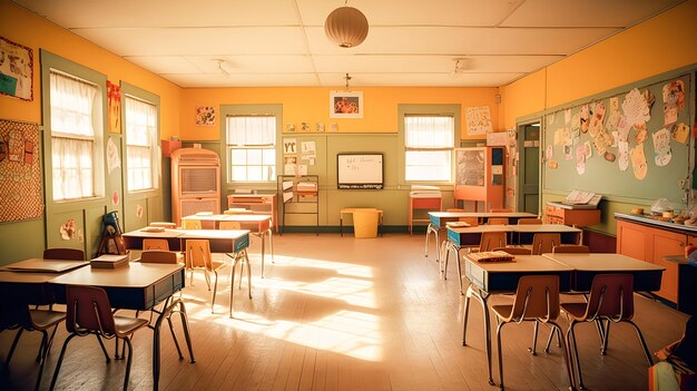 Zdjęcie klasa szkolna z tablicą biurkową i przyborami szkolnymi powrót do szkoły generative ai