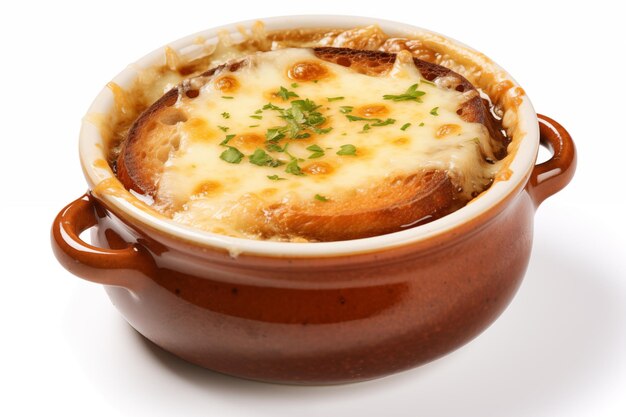 Klasyczna francuska zupa cebulowa izolowana na białym tle Pieczony ser w garnku