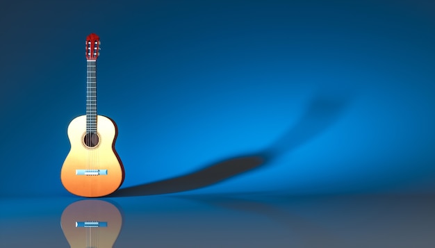 Zdjęcie klasyczna gitara akustyczna na niebieskim tle, ilustracji 3d