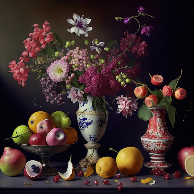 Klasyczna martwa natura kompozycja wazon owoc Generative AI