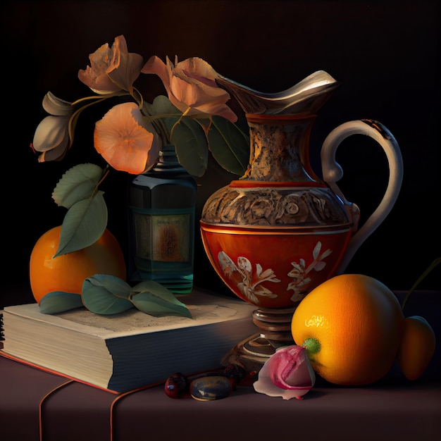 Zdjęcie klasyczna martwa natura wazon owoce książki kwiaty generative ai generative ai
