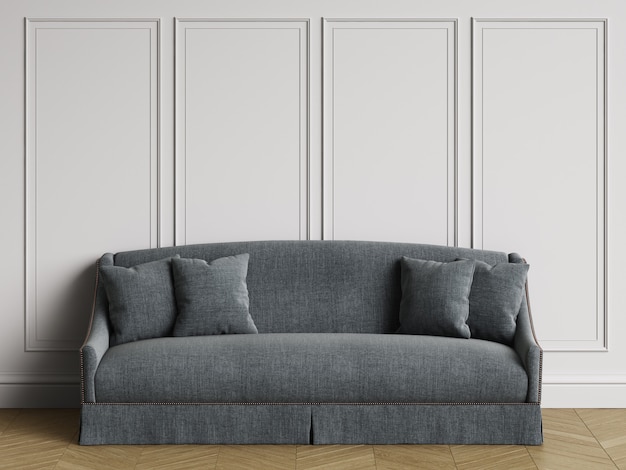 Zdjęcie klasyczna sofa w klasycznym wnętrzu z miejscem na kopię. białe ściany z listwami. parkiet podłogowy w jodełkę. renderowania 3d