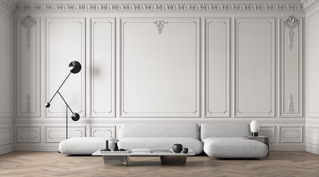 Zdjęcie klasyczne białe wnętrze z moldingami, kanapą, drewnianą podłogą i dekoracją.