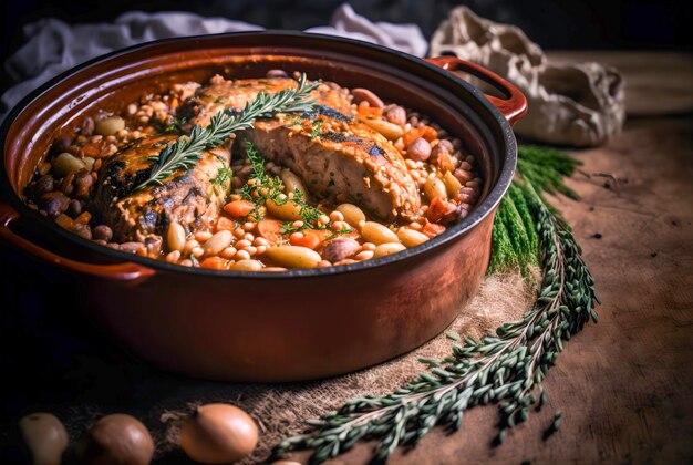 Zdjęcie klasyczne cassoulet z mięsem fasolowym i chrupiącą kruchą chlebową