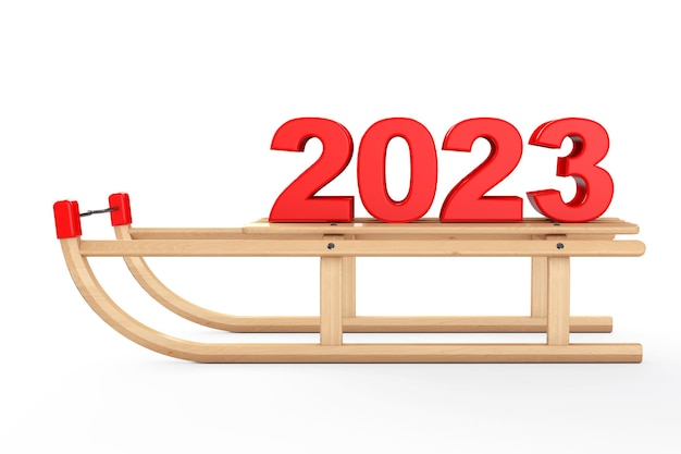 Klasyczne drewniane sanki ze znakiem Nowego Roku 2023 Renderowanie 3d