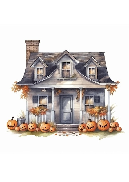 Klasyczne drzwi frontowe z werandą i schodami ozdobione jesiennymi dyniami Halloween koncepcja jesiennych wakacji Ręcznie rysowana akwarela ilustracja