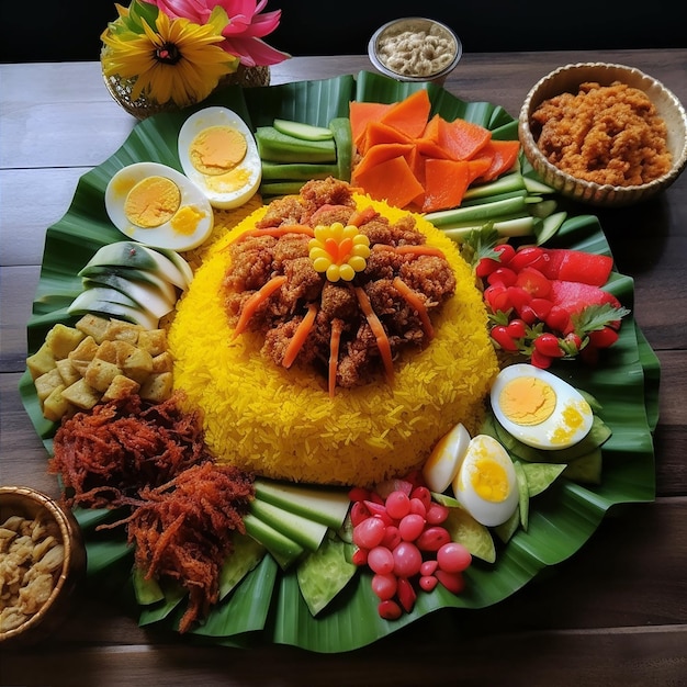 klasyczne estetyczne tradycyjne danie z Indonezji Tumpeng Nasi kuning z jajkiem