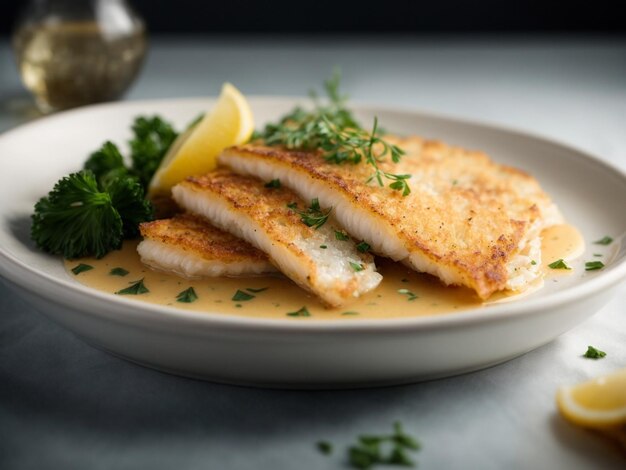 Klasyczne francuskie filety Sole meuniere sol są gotowane i podawane w bogatym masłowym sosie Food photog