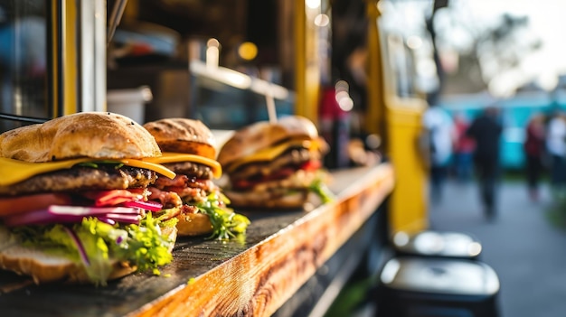 Zdjęcie klasyczne kanapki na tle tętniącej życiem sceny z ciężarówką z jedzeniem