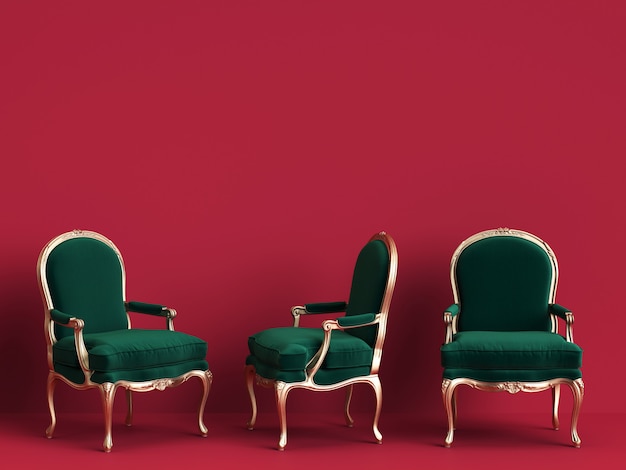 Klasyczne krzesła w szmaragdowej zieleni i złocie na czerwonej ścianie z miejsca kopiowania