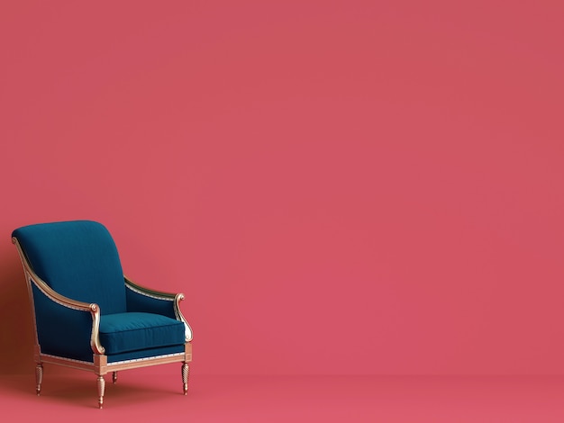 Klasyczne krzesło w kolorze niebieskim i złotym na różowej ścianie z miejsca kopiowania