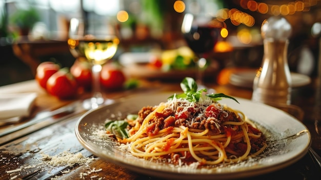 Zdjęcie klasyczne spaghetti bolognese w porównaniu z wiejską kuchnią włoską