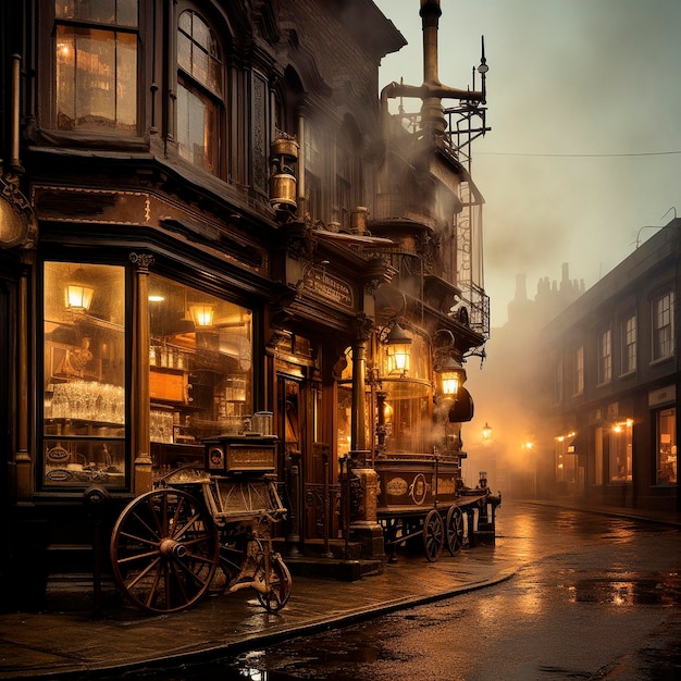 Klasyczne steampunk profesjonalne tło Steampunk ulice z latarniami Ilustracja wysokiej jakości