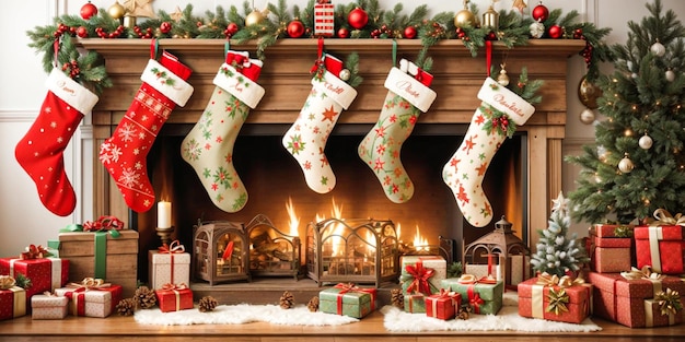 Klasyczne tradycyjne pończochy retro i akwarelowe rustykalne świąteczne dekoracje świąteczne