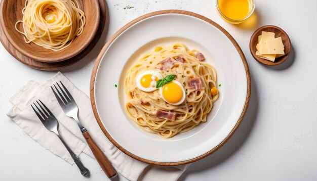 Klasyczne włoskie makaron spaghetti alla carbonara z żółtkiem jaja na białej ceramicznej płytce