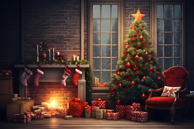 Klasyczne wnętrze bożonarodzeniowe, tło drzewka noworocznego