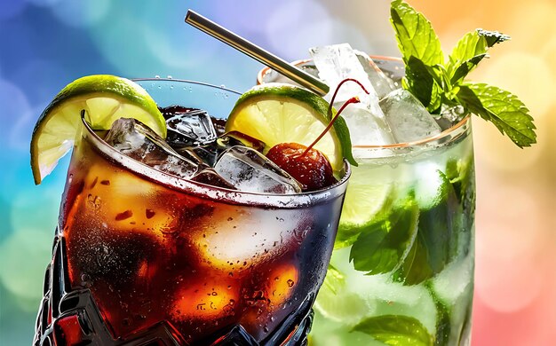 Klasyczne zimne koktajle, rum, cola i mojito, zdjęcie o miękkiej ostrości z płytką głębokością pola