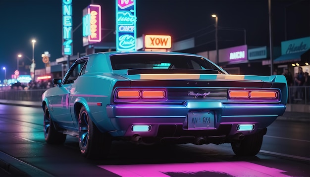 Klasyczny amerykański muscle car fioletowy z neonowym światłem darmowe zdjęcia do pobrania