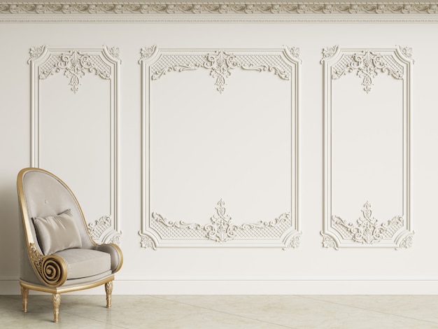 Klasyczny Barokowy Fotel W Klasycznym Wnętrzu. ściany Z Listwami I Zdobiony Gzyms. Podłoga Marmurowa. Renderowania 3d