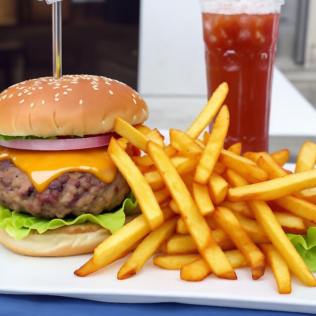 Zdjęcie klasyczny burger z frytkami wygenerowany przez sztuczną inteligencję