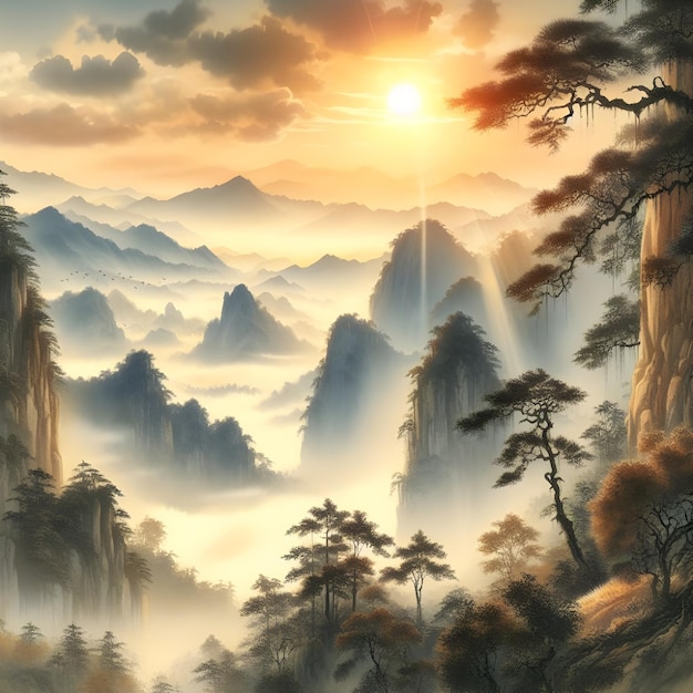 Klasyczny chiński akwarel z pięknymi krajobrazami i górami