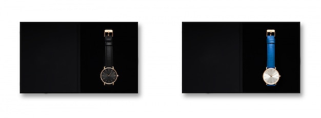 Klasyczny damski złoty zegarek czarna tarcza, skórzany pasek, izolowanie na białym tle