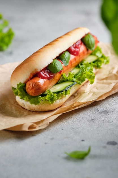 Klasyczny hot dog na stole na szybką przekąskę.