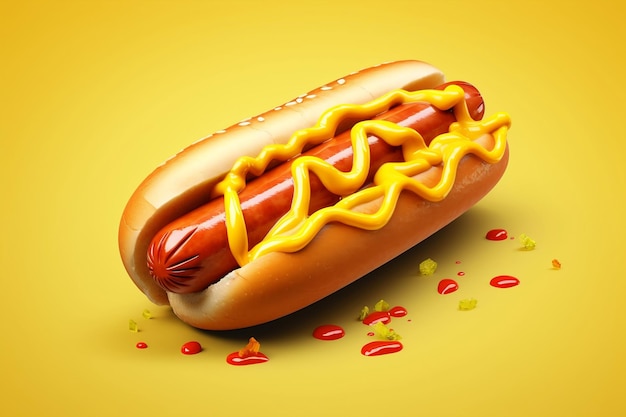Klasyczny hot dog z ketchupem i musztardą przedstawiony jako ilustracja 3D Generative Ai