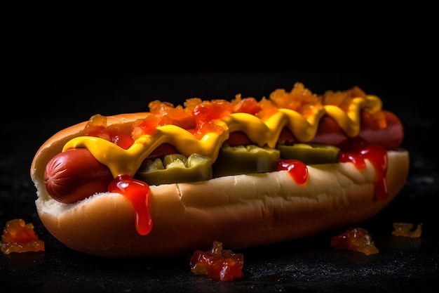 Klasyczny hot-dog z musztardą keczupową i smakiem na czarnym tle generowany ai