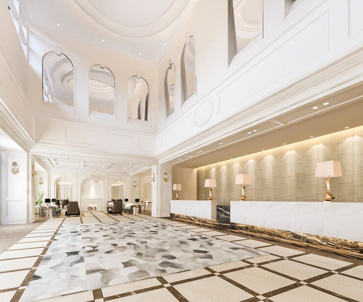 klasyczny luksusowy hotelowy hol recepcyjny i gabinet z półką dekoracyjną