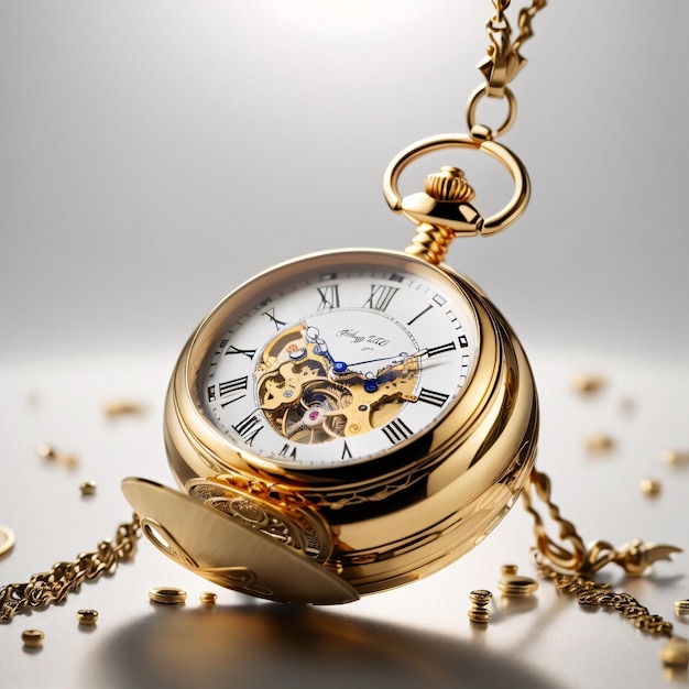 Klasyczny luksusowy złoty zegarek kieszonkowy, proste tło pokazujące czas