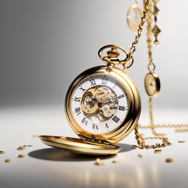 Klasyczny luksusowy złoty zegarek kieszonkowy, proste tło pokazujące czas