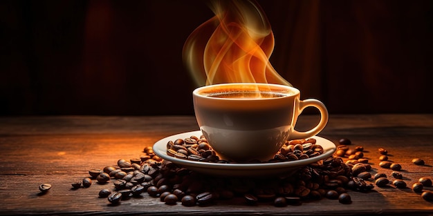 Klasyczny parzący kubek kawy otoczony ziarnami kawy na wiejskim drewnianym stole z ciepłym oświetleniem