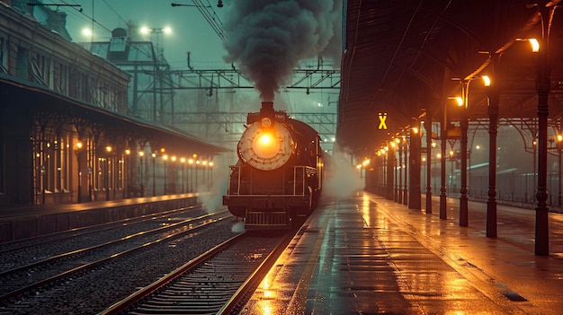 Klasyczny pociąg parowy przybywa na mglistą peronę kolejową