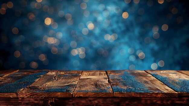 Zdjęcie klasyczny polerowany drewniany stół z luksusowym głęboko niebieskim aksamitnym tłem na wyświetlacz czarnego piątku