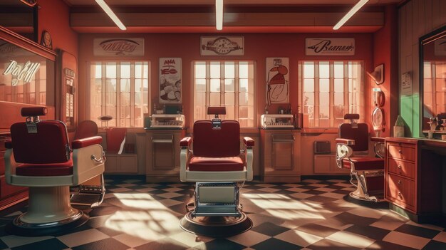 Klasyczny salon fryzjerski z narzędziami do krzeseł i wystrojem inspirowanym stylem retro generowanym przez sztuczną inteligencję