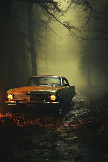 Klasyczny samochód z reflektorami na drodze jesienią w mgle w mglistym lesie w zmierzchu mistyczna atmosfera thrillera