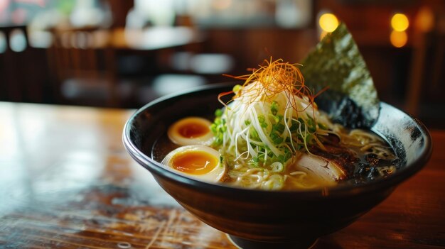 Klasyczny Shoyu Ramen na tle tradycyjnej japońskiej restauracji