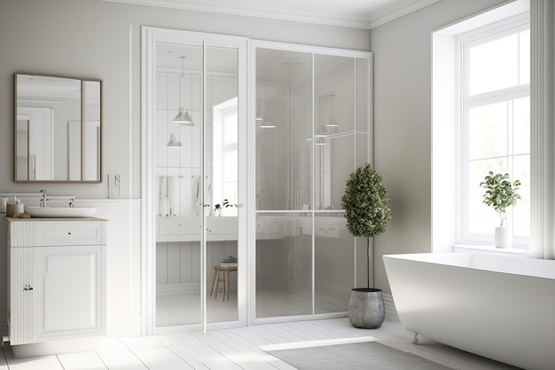 Klasyczny skandynawski wystrój wnętrz biała minimalistyczna łazienka z garderobą