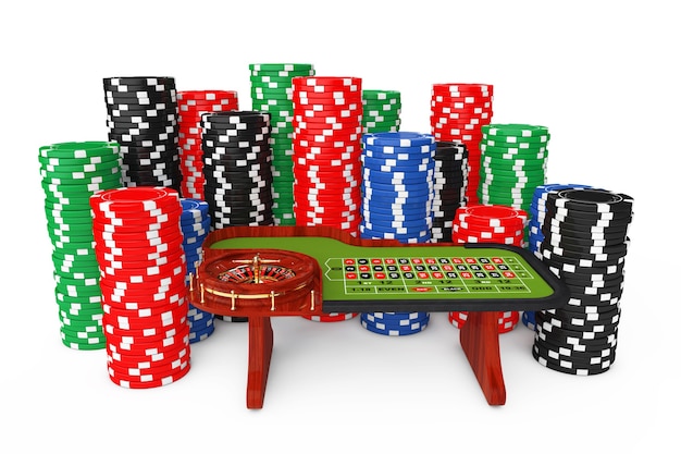 Klasyczny stół do ruletki w kasynie z kolorowymi żetonami w kasynie na białym tle. Renderowanie 3D.