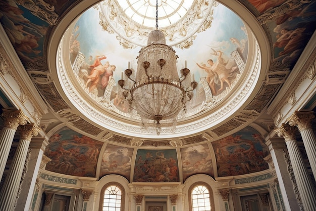 Zdjęcie klasyczny sufit kopuły z skomplikowanymi freskami stworzonymi za pomocą generatywnych ai