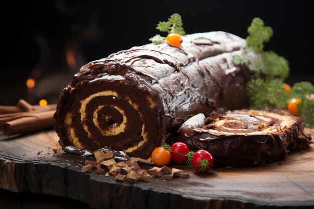 Zdjęcie klasyczny yule log świąteczna uczta świąteczny tort zwinięty i ozdobiony dla przyjemnej uroczystości