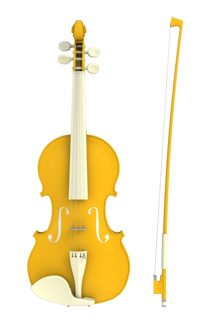 Zdjęcie klasyczny żółty skrzypce z łękiem odizolowywającym na białym tle, smyczkowy instrument, 3d rendering