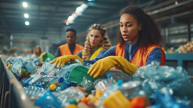 Klasyfikatorzy noszący kamizelki bezpieczeństwa i rękawiczki do pomocy w umieszczaniu szczątków na stacji recyklingu odpadów i w przestrzeni generatywnej sztucznej inteligencji