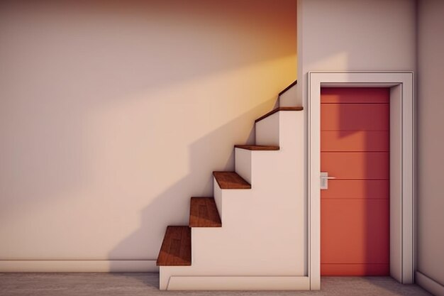 Klatka schodowa prowadząca do czerwonych drzwi w białym pokoju Obraz Generative AI